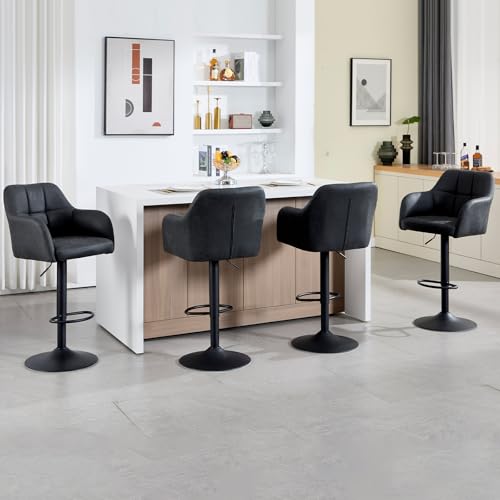 KHISCHMO Moderner Leder Barhocker 4er Set höhenverstellbar Barstuhl Gepolsterte Küchenhocker mit Armlehnen Metallgestell Esshocker Fußstütze Stilvolle Thekenhocker für Kücheninsel Esszimmer, Schwarz von KHISCHMO