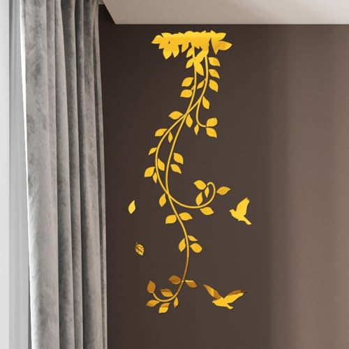 Dekorativer Wandaufkleber, 3D-Spiegel, Blume, abnehmbar, Acryl, Wandtattoo, mit Reben-Kunstwerk (Gold) von KHIronHive