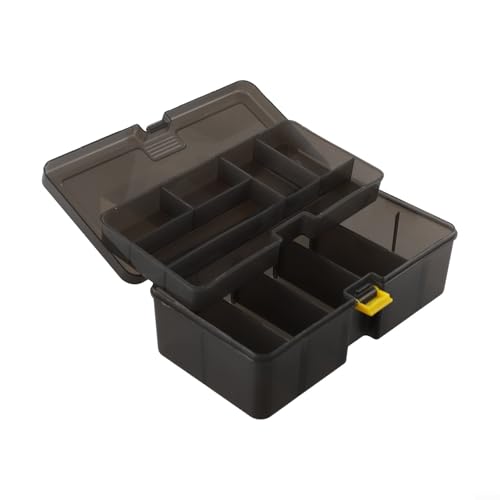 Doppellagige Angelausrüstungsbox mit verstellbaren Fächern, Material, wasserdichte Köderaufbewahrung für Haken, Köder und Angelzubehör, durchscheinendes graues Design von KHIronHive