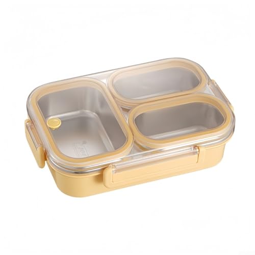Lunchbox aus Edelstahl mit 3 Fächern, 750 ml, auslaufsicherer Lebensmittelbehälter für Erwachsene, spülmaschinenfest für Arbeit, Schule oder Picknicks im Freien, Gelb/Weiß (gelb) von KHIronHive