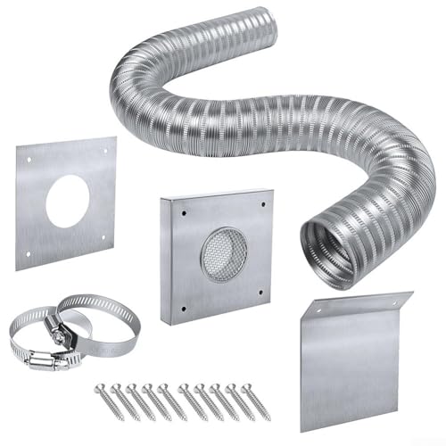 Pelletofen Frischlufteinlass-Kit 5,1 cm Aluminium flexibles Rohr mit Edelstahl-Wandplattenklemmen und Regenhaube für Kaltluftbelüftung im Freien von KHIronHive