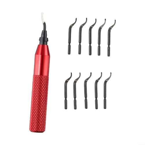 RB3000 Professionelles Entgratwerkzeug-Set mit 10 BK3010 HSS Klingen Metall Kunststoff Holz Kantenschneidegerät Aufbewahrung Griff Design Kreuzlöcher Tiefe Löcher Gerade gebogene Kanten Entferner Rot von KHIronHive