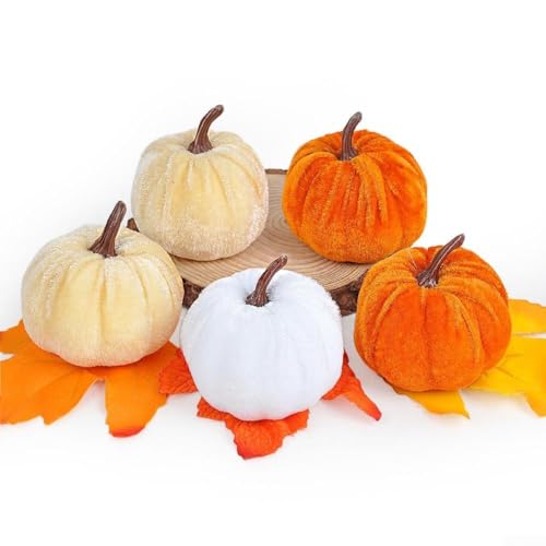 Set mit 5 Samt-Kürbis-Ornamenten für Herbst-Heimdekoration, weiche dekorative Kürbisse in lebendigen Farben für Thanksgiving-Tischdekoration, Halloween-Party-Display und saisonale Dekorationsideen (4 von KHIronHive