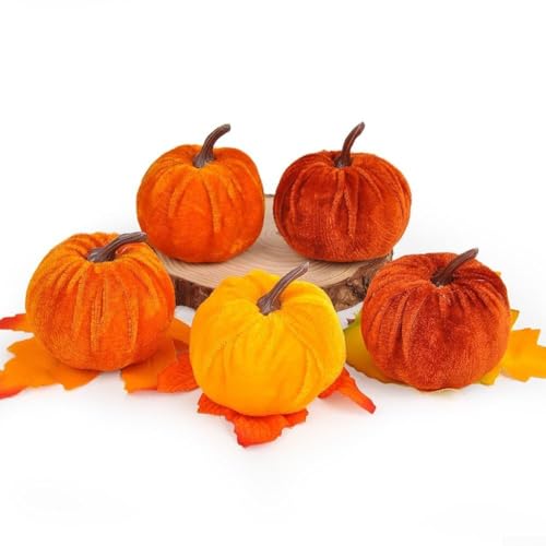 Set mit 5 Samt-Kürbis-Ornamenten für Herbst-Heimdekoration, weiche dekorative Kürbisse in lebendigen Farben für Thanksgiving-Tischdekoration, Halloween-Party-Display und saisonale Dekorationsideen (8 von KHIronHive
