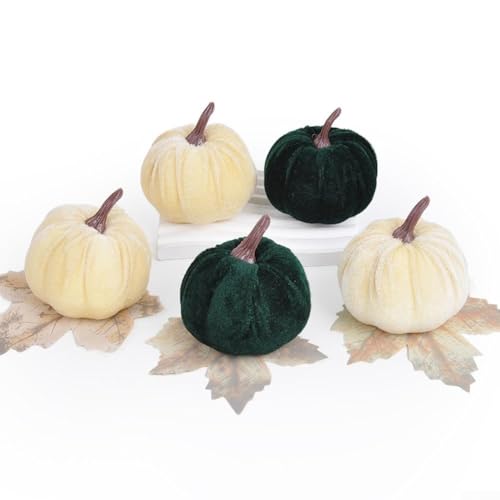 Set mit 5 Samt-Kürbis-Ornamenten für Herbst-Heimdekoration, weiche dekorative Kürbisse in lebendigen Farben für Thanksgiving-Tischdekoration, Halloween-Party-Display und saisonale Dekorationsideen (1 von KHIronHive