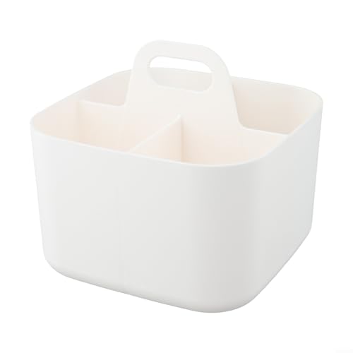 Stapelbarer Mehrzweck-Aufbewahrungskorb mit Griff, Schreibtisch-Kunststoff-Behälter für Zubehör, Bastelmaterialien, Kosmetik, tragbar mit herausnehmbarer Trennwand, 16,5 x 16,5 x 10,5 cm (weiß) von KHIronHive