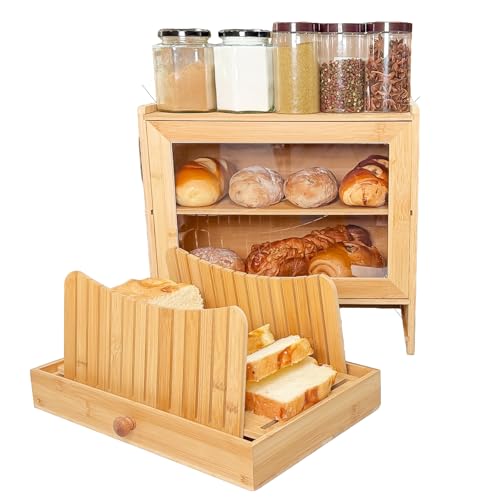 KHKJROS Brotkasten Holz mit Brotschneidebrett und 2 Etagen, Bambus Brotbox groß mit Brotschneidehilfe & Krümelfach – Brotkorb Holz zur Brotaufbewahrung – Bread Box Geschenk für Küche KHKJROS Brotkasten Holz mit Brotschneidebrett und 2 Etagen, Bambus Brotbox groß mit Brotschneidehilfe & Krümelfach – Brotkorb Holz zur Brotaufbewahrung – Bread Box Geschenk für Küche von KHKJROS