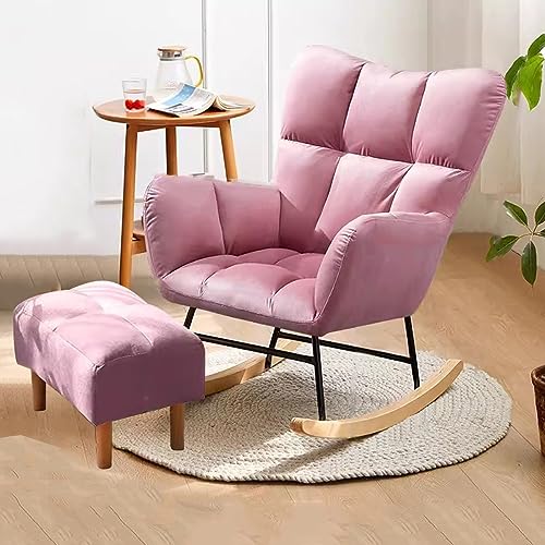 KHLMSRXJ Gepolsterter Schaukelstuhl fürs Kinderzimmer, moderner Schaukelsessel, einzelner Liegesessel fürs Wohnzimmer, Loungesessel mit hoher Rückenlehne, Stabiler Holzsockel (Farbe: Pink, von KHLMSRXJ