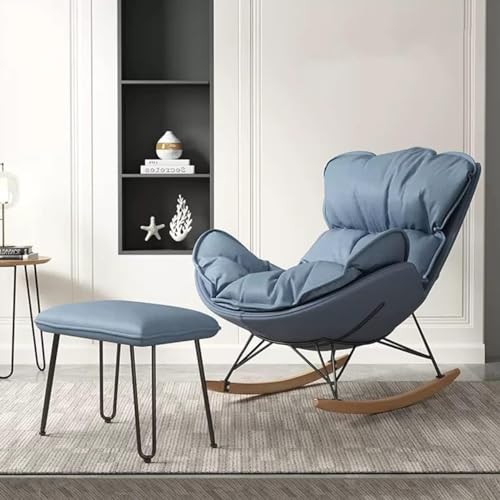 KHLMSRXJ Schaukelstuhl, gepolsterter Sitz mit Ottomane, gepolsterter Gleitschaukelstuhl mit Massivholzbasis, bequemer Beistellstuhl, Wohnzimmer-Freizeitstuhl (Farbe: Blau) von KHLMSRXJ