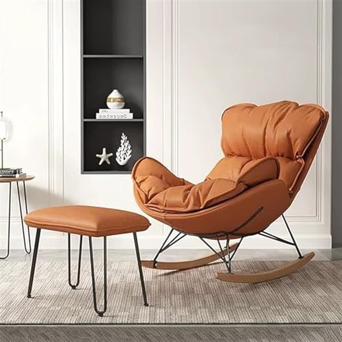 KHLMSRXJ Schaukelstuhl, gepolsterter Sitz mit Ottomane, gepolsterter Schaukelstuhl mit Massivholzbasis, bequemer Beistellstuhl, Wohnzimmer-Freizeitstuhl (Farbe: Orange) von KHLMSRXJ