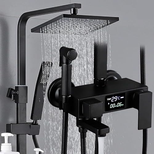 KHLMSRXJ Thermostat-Brausemischer-Set, intelligentes Thermostat-Digitaldisplay, schwarzer Duschkopf, schwarz-goldenes Handbrause-Set, Badezimmer-Dusch(S1802b hcdd) von KHLMSRXJ