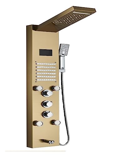 KHLMSRXJ Thermostat-Duschmischer-Set, LED-Licht-Duschpaneel, Wasserfall-Regen-Digitalanzeige, Duscharmatur-Set, Spa-Massage, Badezimmer-Säulenmischer, Dusch(gebürstetes Gold 8004 1) von KHLMSRXJ