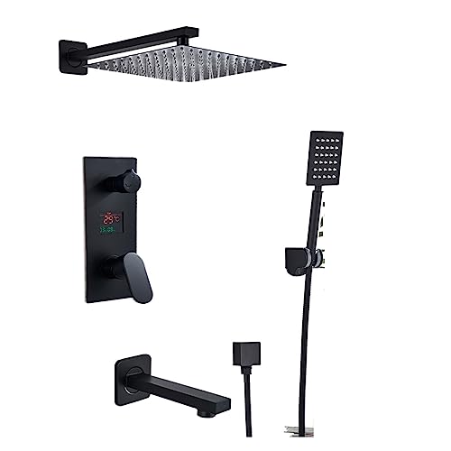 KHLMSRXJ Thermostat-Duschmischer-Set, Mattschwarz, Badezimmer-Duscharmatur-Set, Digitalanzeige, Regen-Schwarz-Badewannen-Dusch, Wasserfall-Dusch-Badewannen-Mischbatterie (3 Wege 12 Zo KHLMSRXJ Thermostat-Duschmischer-Set, Mattschwarz, Badezimmer-Duscharmatur-Set, Digitalanzeige, Regen-Schwarz-Badewannen-Dusch, Wasserfall-Dusch-Badewannen-Mischbatterie (3 Wege 12 Zo von KHLMSRXJ