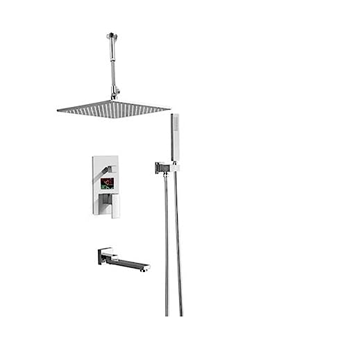 KHLMSRXJ Thermostat-Duschmischer-Set, Mattschwarz/Chrom, digitales Duscharmaturen-Set, Wasserfall-Badezimmer-Duscharmatur, Duschkopf, 3-Wege-Digitalanzeige-Mischer (12 Chrom, Decke 1) von KHLMSRXJ