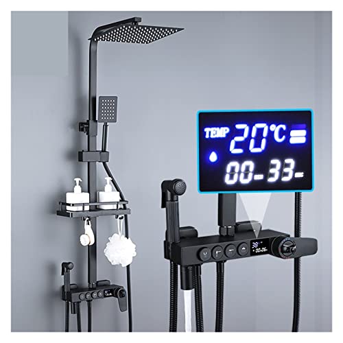 KHLMSRXJ Thermostat-Duschmischer-Set, Schwarz, Chrom, Thermostat-Duscharmatur-Sets, Digitalanzeige, Badezimmer-Duschmischer, Messing-Dusch, Regendusch-Set (schwarz, 3 Wege) von KHLMSRXJ