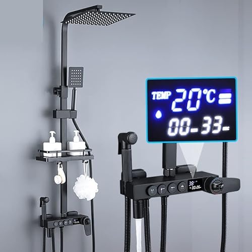KHLMSRXJ Thermostat-Duschmischer-Set, Schwarz-Chrom, Thermostat-Duscharmatur-Sets, Digitalanzeige, Badezimmer-Duschmischer, Messing-Dusch, Regendusch-Set (Weißgold, 4 Wege) von KHLMSRXJ