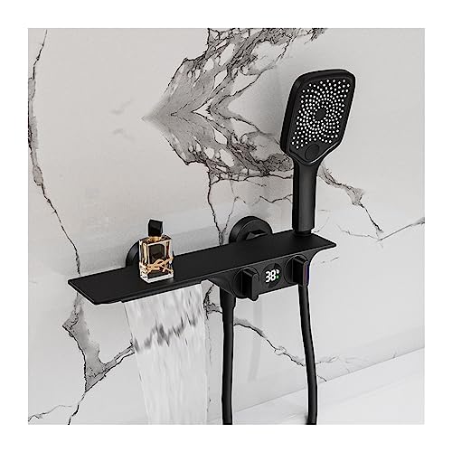KHLMSRXJ Thermostatisches Duschmischer-Set, Wasserfall, Mattschwarz, Badezimmer-Duscharmatur, schwarzes digitales Duscharmaturen-Set, Regenduschkopf, Digitalanzeige-Mischbatterie (Nero 1) von KHLMSRXJ