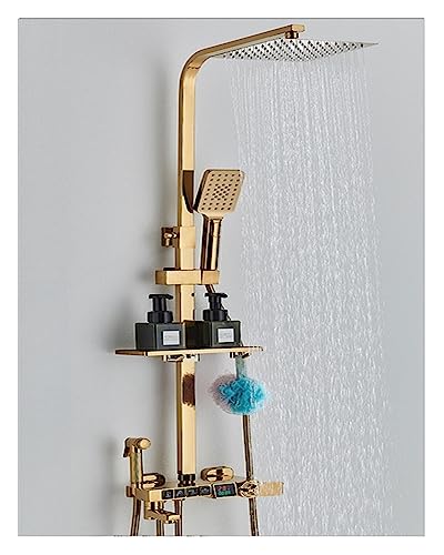 Thermostat-Duschmischer-Set, LED-Digitalanzeige, Regenduschset, Thermostat-Duscharmatur, Luxus-Heiß- und Kaltwasser, Duschen für Badezimmer (Gold, 4 Wege, A 20,3 cm) von KHLMSRXJ