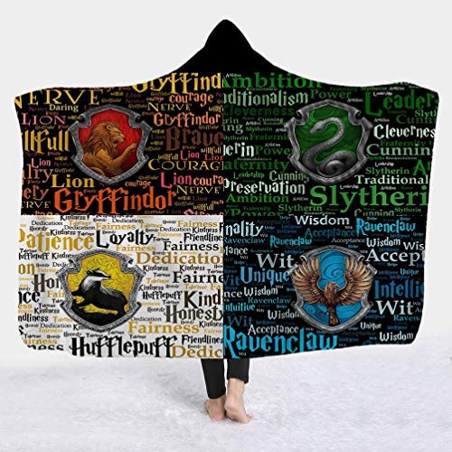 Cartoon Gryffindor Slytherin Ravenclaw Hufflepuff 3D Gedruckt Plüsch Mit Kapuze Decke Warme Tragbare Wurfdecken (15#,150 x 200 cm) von KHTO