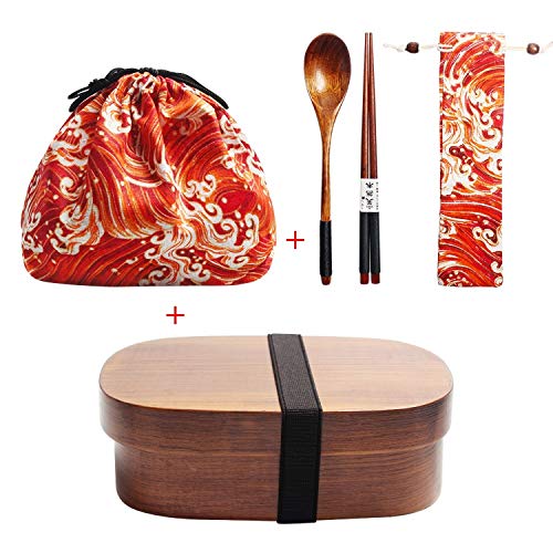 Holz Lunch Box japanische Bento Box Geschirr Set mit Tasche und Löffel Gabel Stäbchen Picknick Box für Studenten (JP13) von KHTO