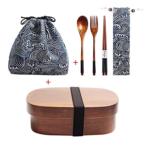 Holz Lunch Box japanische Bento Box Geschirr Set mit Tasche und Löffel Gabel Stäbchen Picknick Box für Studenten (JP3) von KHTO