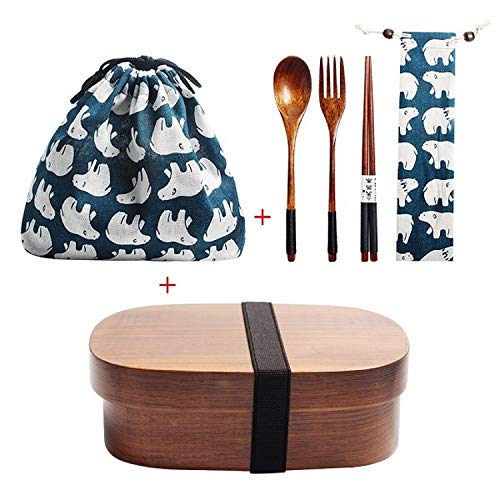 Holz Lunch Box japanische Bento Box Geschirr Set mit Tasche und Löffel Gabel Stäbchen Picknick Box für Studenten (JP5) von KHTO