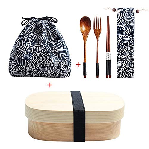 Holz Lunch Box japanische Bento Box Geschirr Set mit Tasche und Löffel Gabel Stäbchen Picknick Box für Studenten (JP6) von KHTO