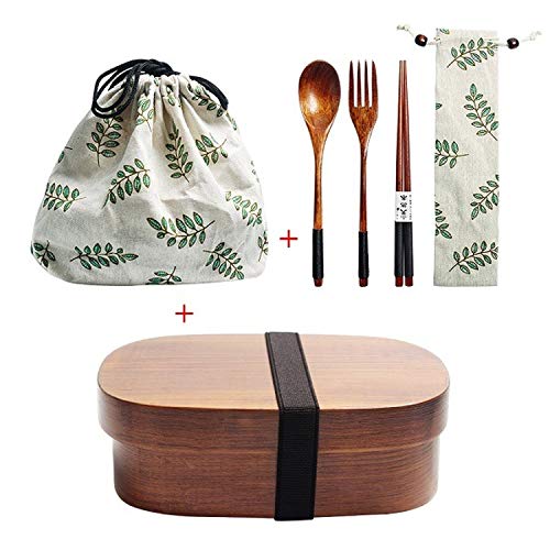 Holz Lunch Box japanische Bento Box Geschirr Set mit Tasche und Löffel Gabel Stäbchen Picknick Box für Studenten (JP7) von KHTO