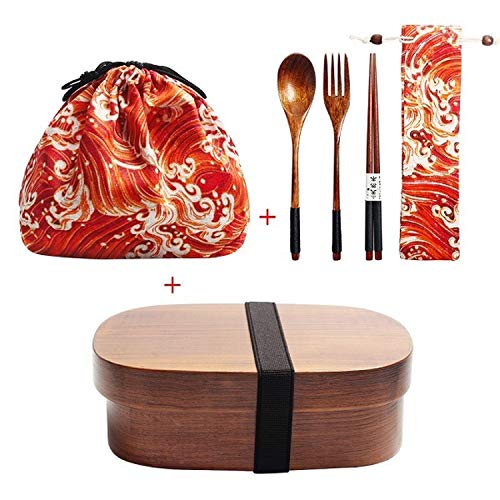 Holz Lunch Box japanische Bento Box Geschirr Set mit Tasche und Löffel Gabel Stäbchen Picknick Box für Studenten (JP8) von KHTO