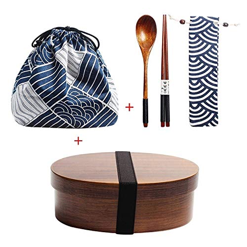 Holz Lunch Box japanische Bento Box Geschirr Set mit Tasche und Löffel Gabel Stäbchen Picknick Box für Studenten (JP9) von KHTO