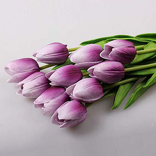 KHTO PU Fake Artificial Flower 31pcs/Lot Bouquet Real Tulip Flowers for Party Wedding Home Decoration (White Purple) von KHTO