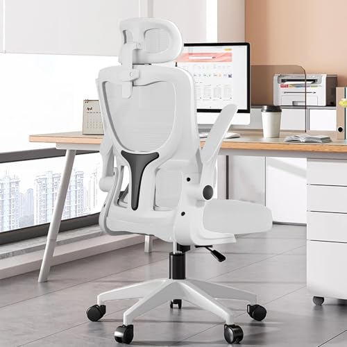 Bürostuhl aus Netzstoff, hohe Rückenlehne, ergonomischer Schreibtisch mit Lordosenstütze und hochklappbarer Armlehne, verstellbare Kopfstütze for Schwarz, Drehstuhl for Zuhause, Gaming for die Arbeit( von KHUKHU