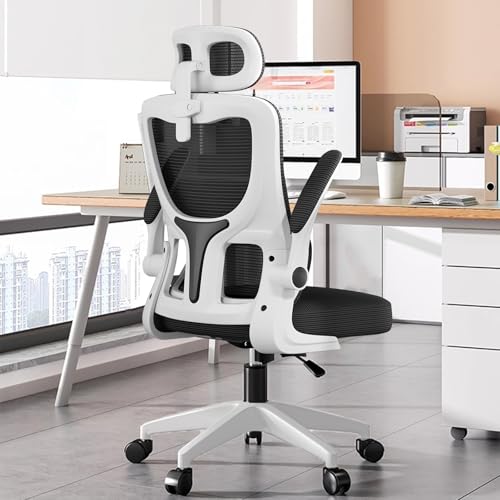 Bürostuhl aus Netzstoff, hohe Rückenlehne, ergonomischer Schreibtisch mit Lordosenstütze und hochklappbarer Armlehne, verstellbare Kopfstütze for Schwarz, Drehstuhl for Zuhause, Gaming for die Arbeit( von KHUKHU