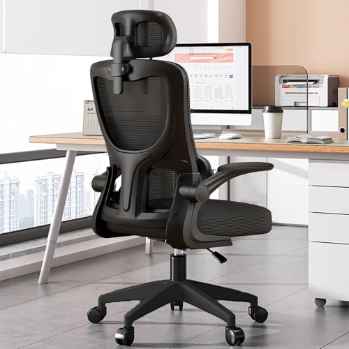 Bürostuhl aus Netzstoff, hohe Rückenlehne, ergonomischer Schreibtisch mit Lordosenstütze und hochklappbarer Armlehne, verstellbare Kopfstütze for Schwarz, Drehstuhl for Zuhause, Gaming for die Arbeit( von KHUKHU