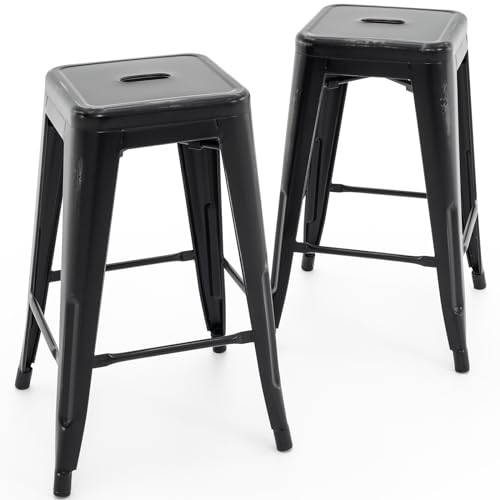 KHUKHU 24" Barhocker, rückenfreie Barhocker aus Metall, Thekenhocker for drinnen und draußen, mit quadratischer Sitzfläche(Black,2) von KHUKHU