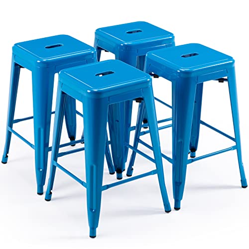 KHUKHU 24" Barhocker, rückenfreie Barhocker aus Metall, Thekenhocker for drinnen und draußen, mit quadratischer Sitzfläche(Blue,4) von KHUKHU