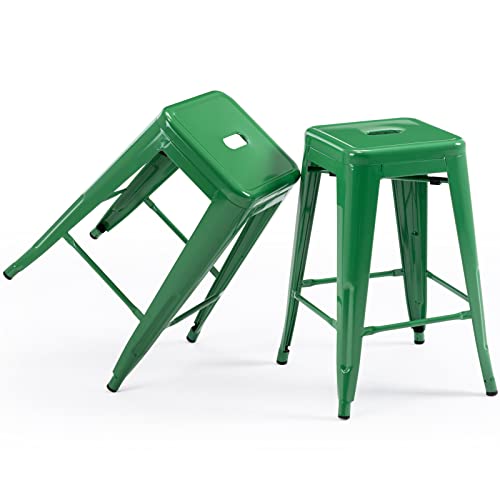 KHUKHU 24" Barhocker, rückenfreie Barhocker aus Metall, Thekenhocker for drinnen und draußen, mit quadratischer Sitzfläche(Green,2) von KHUKHU