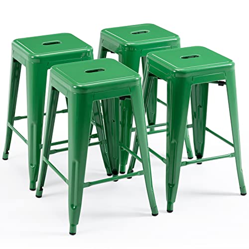 KHUKHU 24" Barhocker, rückenfreie Barhocker aus Metall, Thekenhocker for drinnen und draußen, mit quadratischer Sitzfläche(Green,4) von KHUKHU