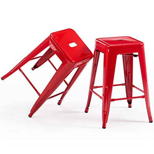 KHUKHU 24" Barhocker, rückenfreie Barhocker aus Metall, Thekenhocker for drinnen und draußen, mit quadratischer Sitzfläche(Red,2) von KHUKHU