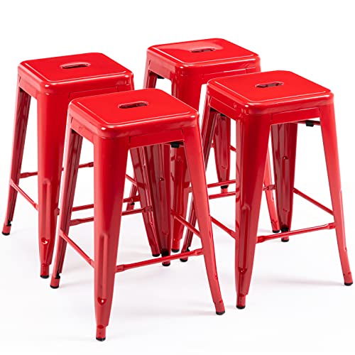 KHUKHU 24" Barhocker, rückenfreie Barhocker aus Metall, Thekenhocker for drinnen und draußen, mit quadratischer Sitzfläche(Red,4) von KHUKHU