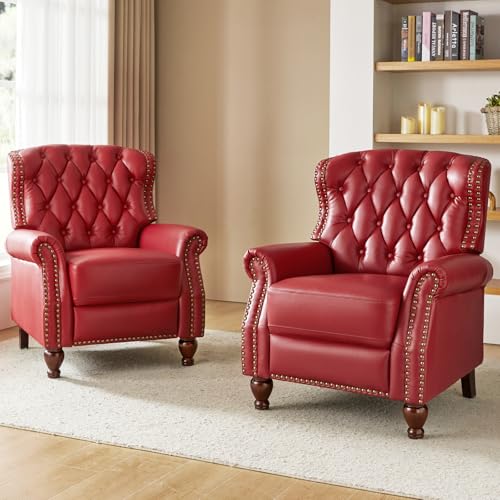 KHUKHU Liegesessel aus echtem Leder mit Füßen aus Massivholz, moderner Verstellbarer Sessel mit Rückenlehne und Nietenverzierung, Einzelsofa for das Wohnzimmer im Heimkino-Stil(Wine red,2) von KHUKHU