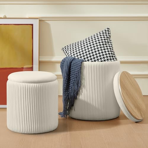 KHUKHU Runder Ottoman mit Stauraum, 2er-Set, multifunktionaler, gepolsterter Schminkhocker aus Samt, Stuhlunterstützung 300 lbs, moderner Couchtisch for Wohnzimmer, Schlafzimmer, Esszimmer(Gray) von KHUKHU