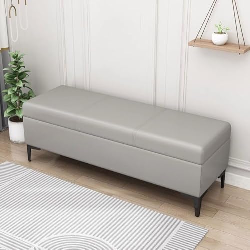 KhUkhu Graue Lederhocker mit Stauraum, extra großer Stauraum am Bettende mit Deckel, Sofabank, Ottomane, Sitzbank, Gäste-Wohnzimmer-Fußhocker,Light Gray,60 * 40 * 42cm von KHUKHU