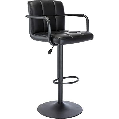 Moderne quadratische Barhocker aus PU-Leder, verstellbare drehbare Barhocker mit Rückenlehne und Armlehnen, Airlift-Stühle in Thekenhöhe for Küchen-, ESS- und Kneipen-Café-Sets(Black,1 Pack) von KHUKHU