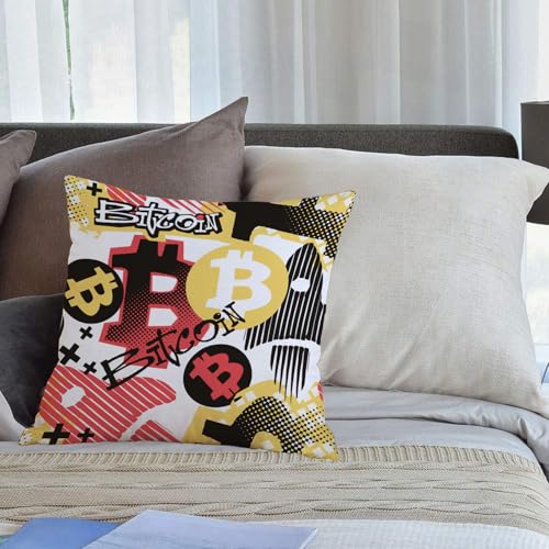 KHWEJ Kissenbezüge 45x45 cm,Bitcoin-Doodle-Stil, nahtloses Funky Muster, digitales Währungssymbol. Hype, poppige Cartoon-Handmotive, g,Zierkissenbezug Cushion Cover Couch Wohnzimmer Außenbereich Deko von KHWEJ