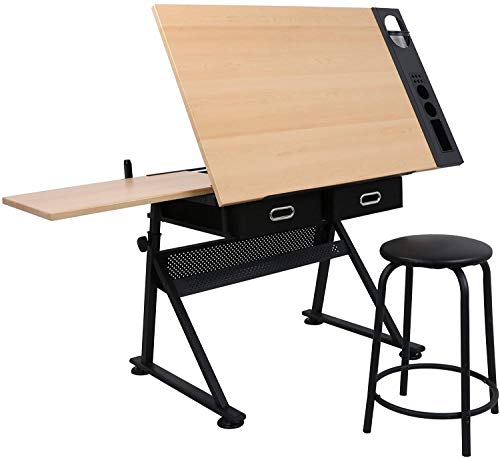 KHYTEBV Höhenverstellbarer Zeichentisch, Zeichentisch, neigbare Tischplatte zum Lesen, Schreiben, Kunsthandwerk, mit 2 Schubladen und Hocker, schöne Szene von KHYTEBV