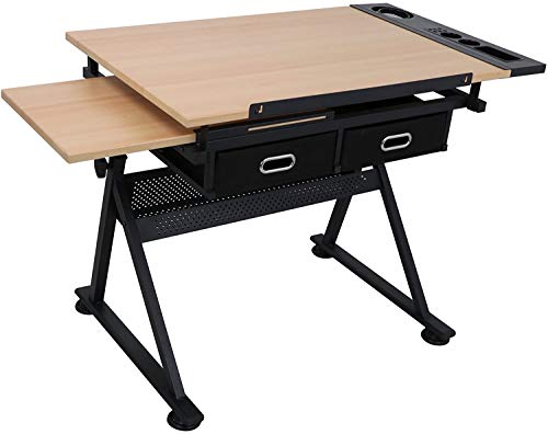 KHYTEBV Höhenverstellbarer Zeichentisch, Zeichentisch, neigbare Tischplatte zum Lesen, Schreiben, Kunsthandwerk, mit 2 Schubladen und Hocker für das Home Office von KHYTEBV