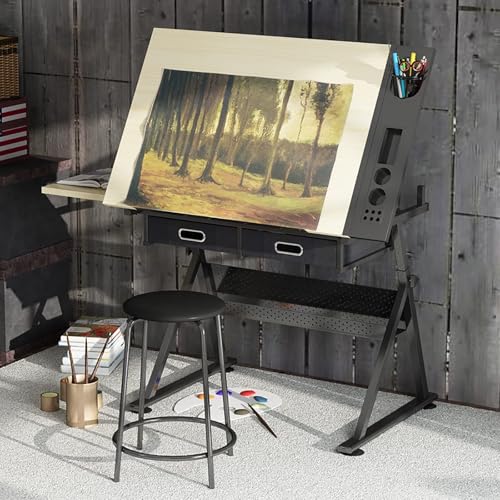 KHYTEBV Zeichentisch- und Hocker-Set aus Holz, höhenverstellbar und mit neigbarer Platte, Künstlerschreibtisch mit Stauraum für Kunstwerke, zum Schreiben, Basteln und fürs Studio von KHYTEBV