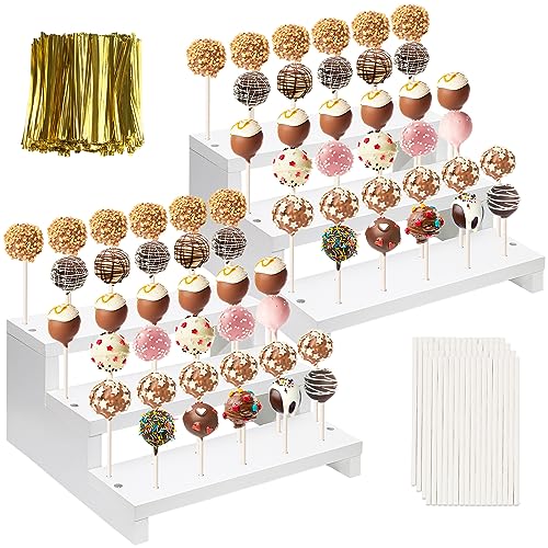 KHayRovies 2 Stück Cake Pop Ständer, Verkaufsständer Lollipop-Halter mit Twist Ties Lollipop Sticks, Holz 3-stufig 33 Löcher Lutscher Ständer Desserttisch, Hochzeit, Geburtstagsparty - weiß (B) von KHayRovies