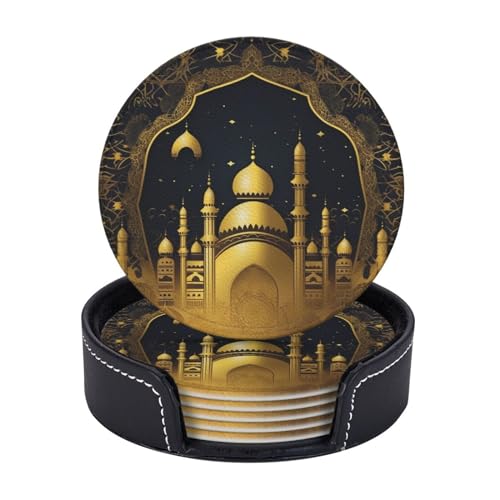 Getränkeuntersetzer aus Leder mit Halter, Eid goldene Moschee Untersetzer für Getränke, 6 Stück, runde Untersetzer für Tischschutz, Getränkeuntersetzer, Tassenmatte, Pad für Zuhause, Untersetzer-Set von KHiry